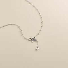 Delicate Bow and Heart Lariat Necklace